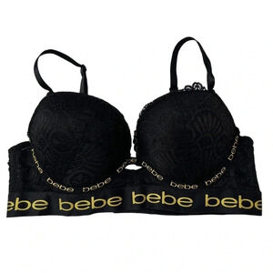 Womens Black Bebe Logo Lace Underwire Padded Push Up Bra Size 34C​​​‎
